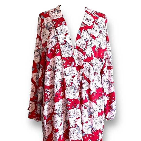 Knox Rose Womens Kimono Sz M L Red Floral Boho Open Front Duster Jacket Wrap - Picture 2 of 7